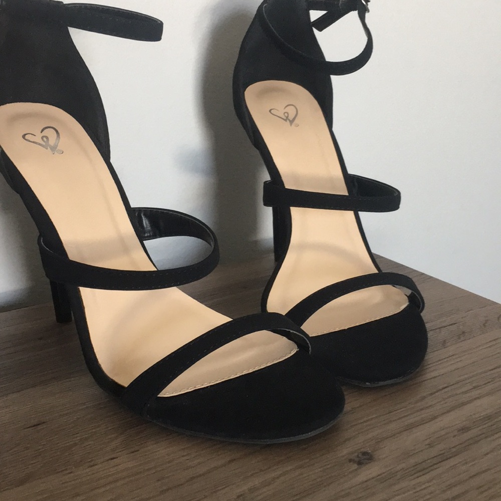 black three strap heels